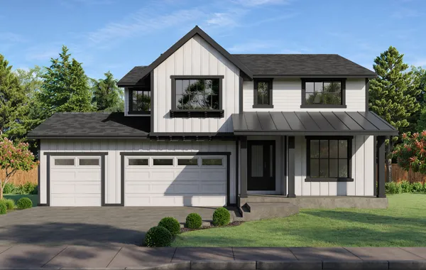 rendering of home exterior with 3-car garage and farmhouse style