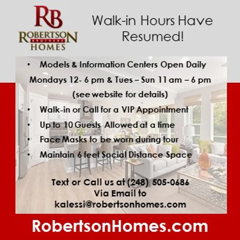 Walk-in hours and rules for the office of condo builder Robertson Homes in Michigan