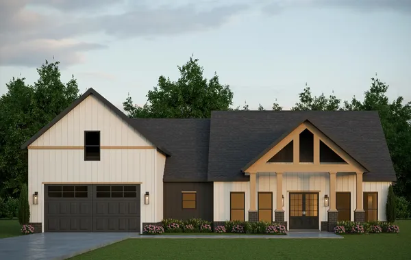 The Belmont exterior rendering with white siding, timber-frame porch gable, and garage