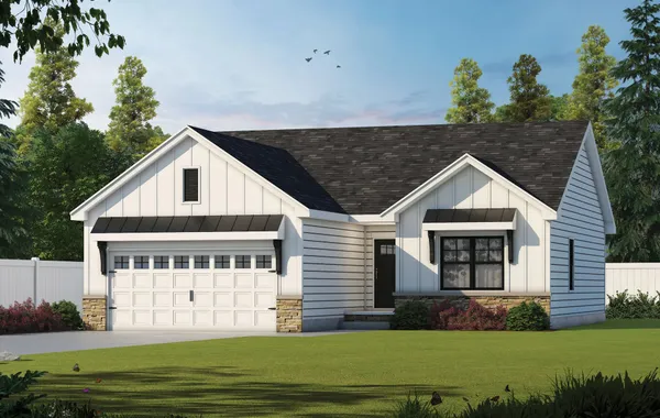Front exterior of The Cumberland by Rockwood Homes, a single-story white board and batten home with a two-car garage.