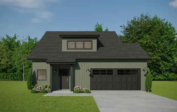 Front exterior of The Montgomery by Rockwood Homes, a 1.5-story white board and batten home with a two-car garage.
