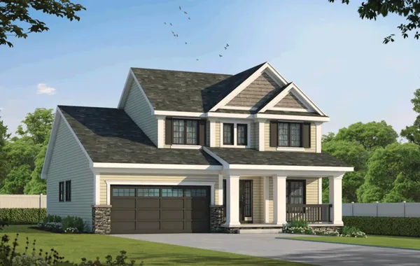 Front exterior of The Willow by Rockwood Homes, a two-story home with gray siding, a covered porch, and a two-car garage.