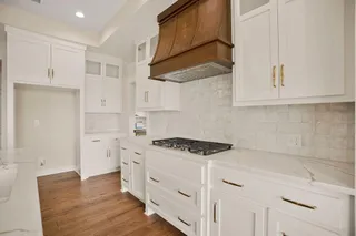 White cabinetry with gold-toned hardware, stone countertops with integrated sink, wood-finish flooring, and a decorative wood-paneled range hood