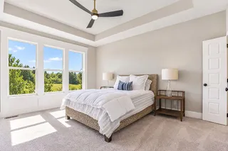 High tray ceilings and plush carpeting define this serene primary suite filled with natural light. PHOTO IS OF ACTUAL  HOME.