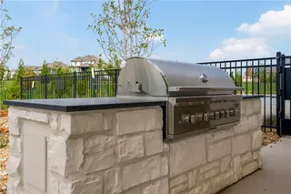 A built-in stone grilling station integrates seamlessly into the secure outdoor recreation area.