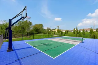 A fenced backyard sports court accommodates basketball and net games under clear blue skies.