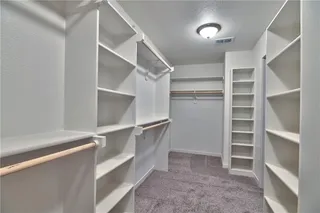 Master closet with lots of shelves and hanging space