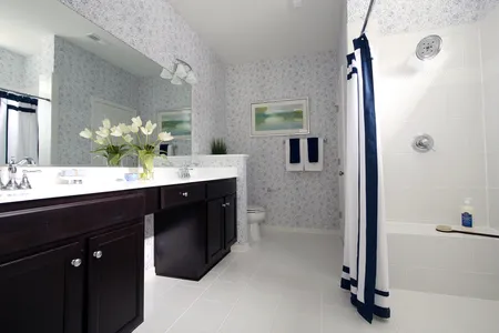 Double vanity master bathroom with walk-in shower at The Villas at Iron Mill: Shenandoah