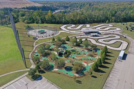 Aerial photo of putt-putt, driving range, go-carts, and baseball batting cages