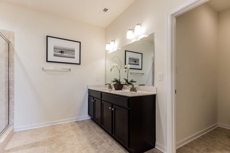 Master bathroom with double vanity and walk-in shower at The Reed