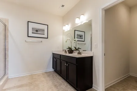 Master bathroom with double vanity and walk-in shower at The Reed