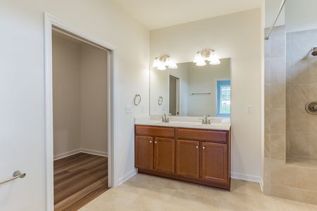 Master bathroom with walk-in closet at The Villas at Iron Mill: James