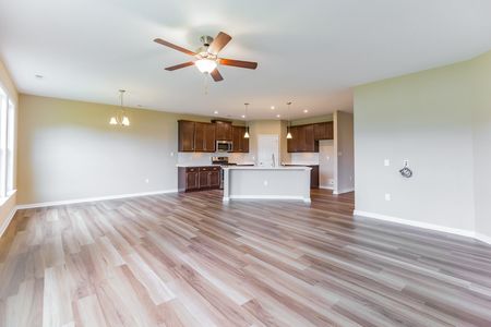 Open floor family room, dining area, and kitchen at The Villas at Iron Mill: James
