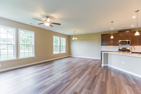 Open floor kitchen, dining area, and family room at The Villas at Iron Mill: James