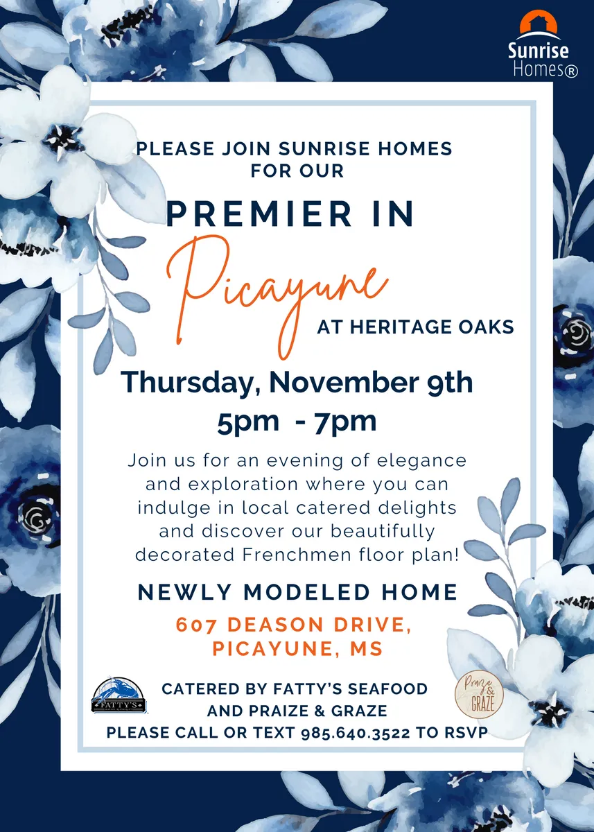 Join us this Thursday, November 9th as we debut our Frenchmen Floor Plan in Picayune’s Heritage Oaks!