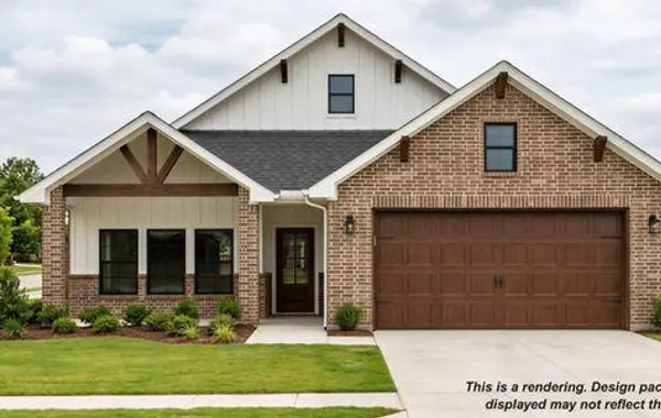 Brick and siding facade featuring a prominent gable roofline, a two-car garage with a wood-finish door, black-framed windows, and decorative wood beam accents