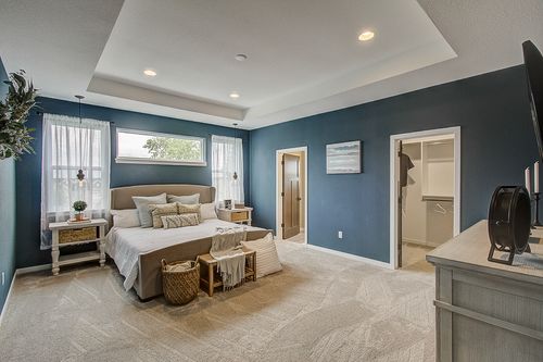 Blue master bedroom in a new home in Madison