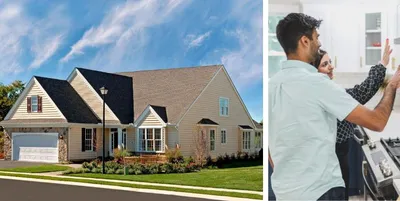 Rendering of the Noble's Pond model home on the left. Stock image of a couple touring a model home on the right.
