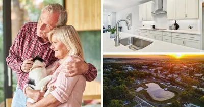 Stock image of a couple, kitchen image inside a Wilkinson home, and an aerial image of Newark, DE.