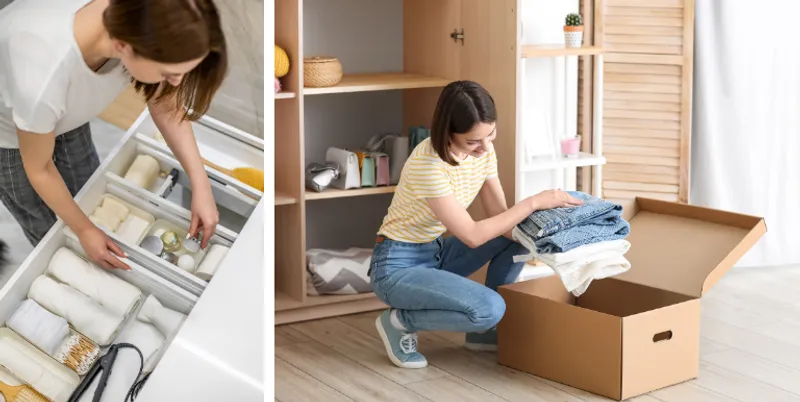 Stock images of people organizing their homes.