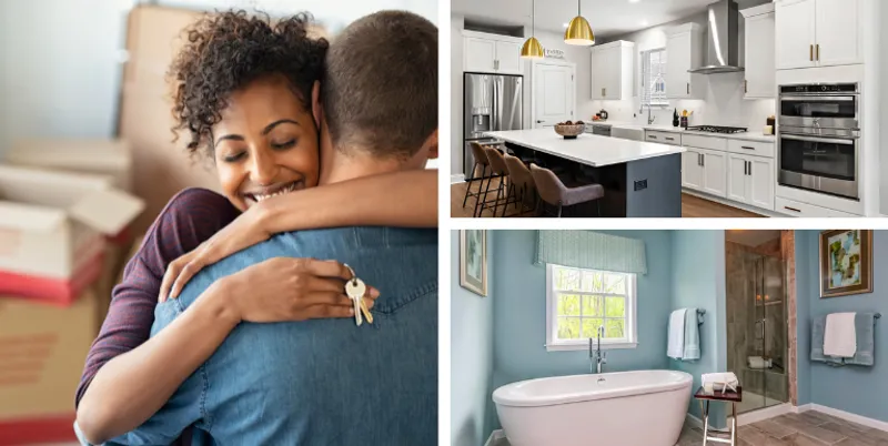 Interior images of a Wilkinson home and a stock image of a couple getting the keys to their new home.
