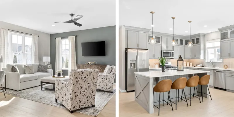 Interior images of a Wilkinson model home showing the living room and kitchen.
