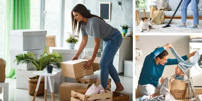 Stock images of people spring cleaning.