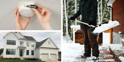 Image of someone changing the smoke alarm batteries, an exterior image of a Wilkinson home, and image of someone shoveling snow.
