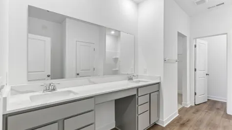 Primary bathroom with dual sinks and quartz countertops, Abbey Commons